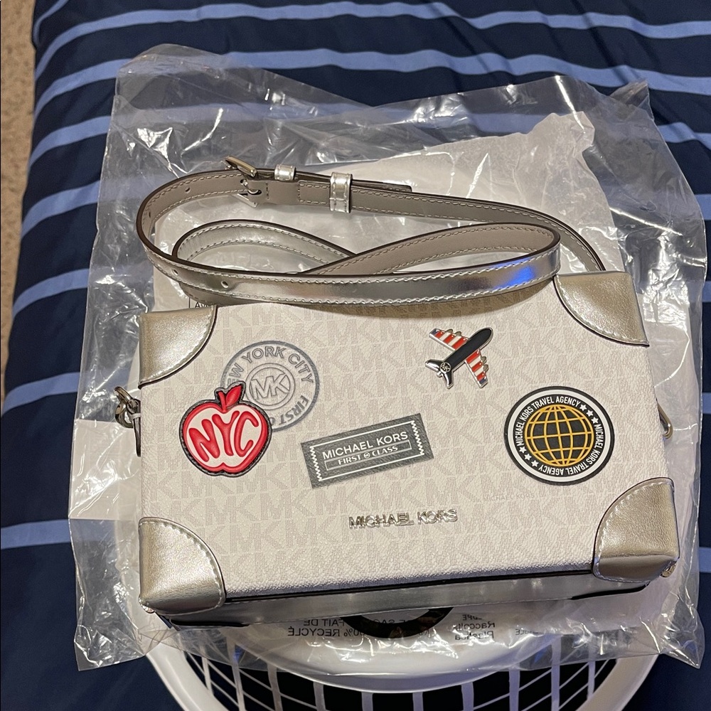 Michael Kors White and Silver Crossbody Bag with Patches